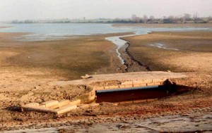 Abberton Reservoir, UK, in drought conditions, with submerged bridge visible. Photo by Glyn Baker